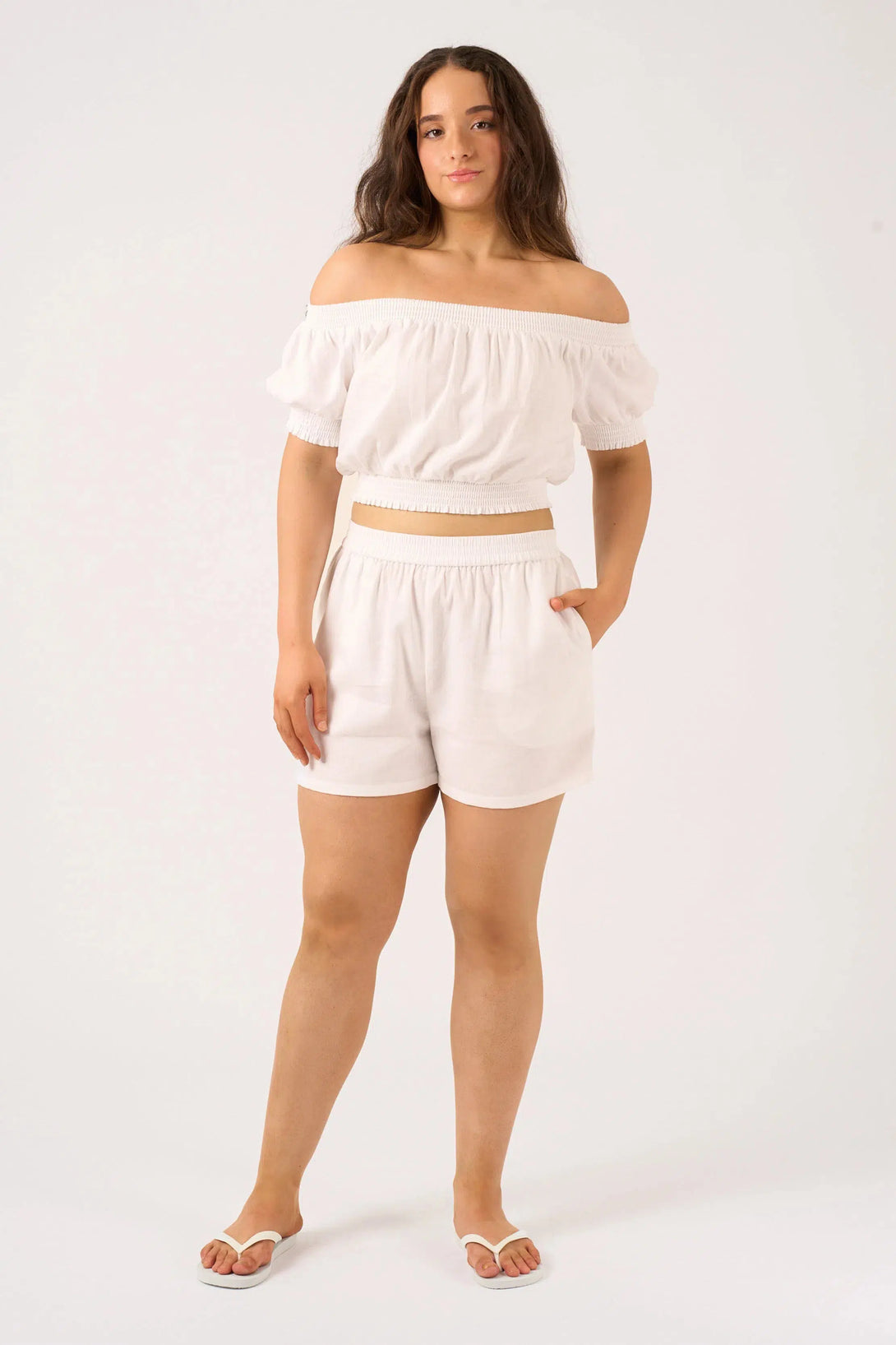 Linen Blend Shirred Bardot Crop Top - White-Activewear-Exoticathletica