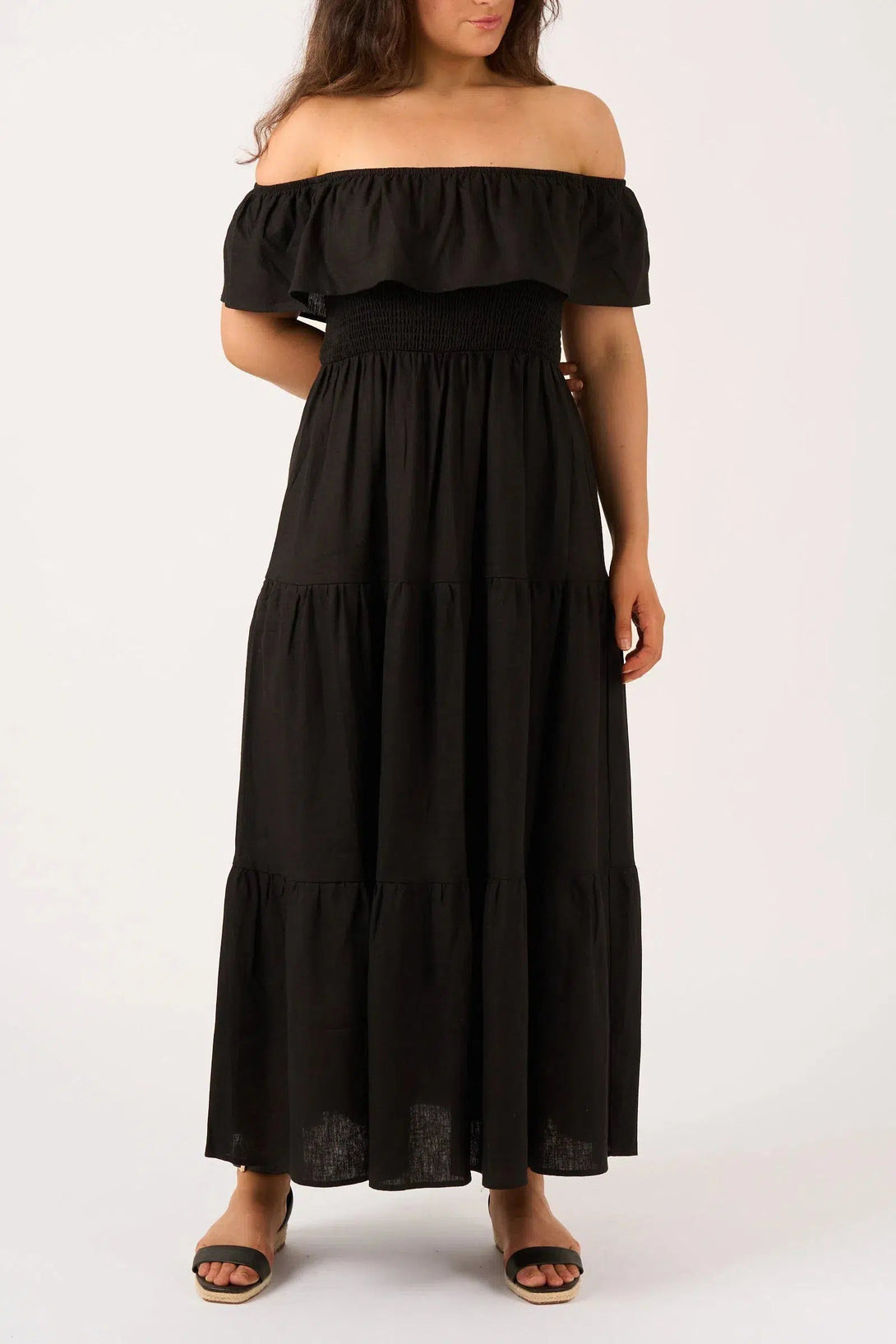 Linen Blend Shirred Ruffle Maxi Dress - Black-Activewear-Exoticathletica