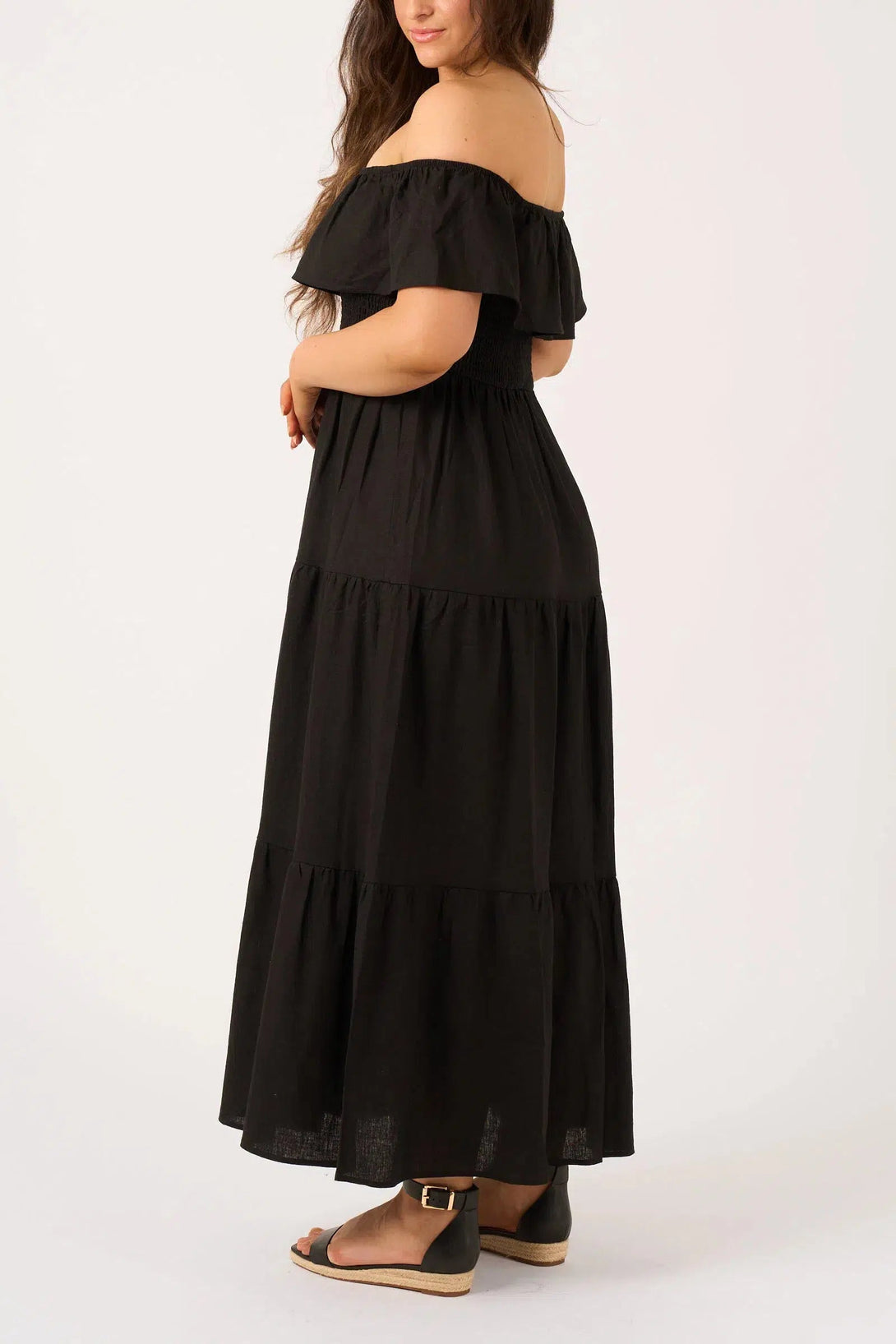 Linen Blend Shirred Ruffle Maxi Dress - Black-Activewear-Exoticathletica