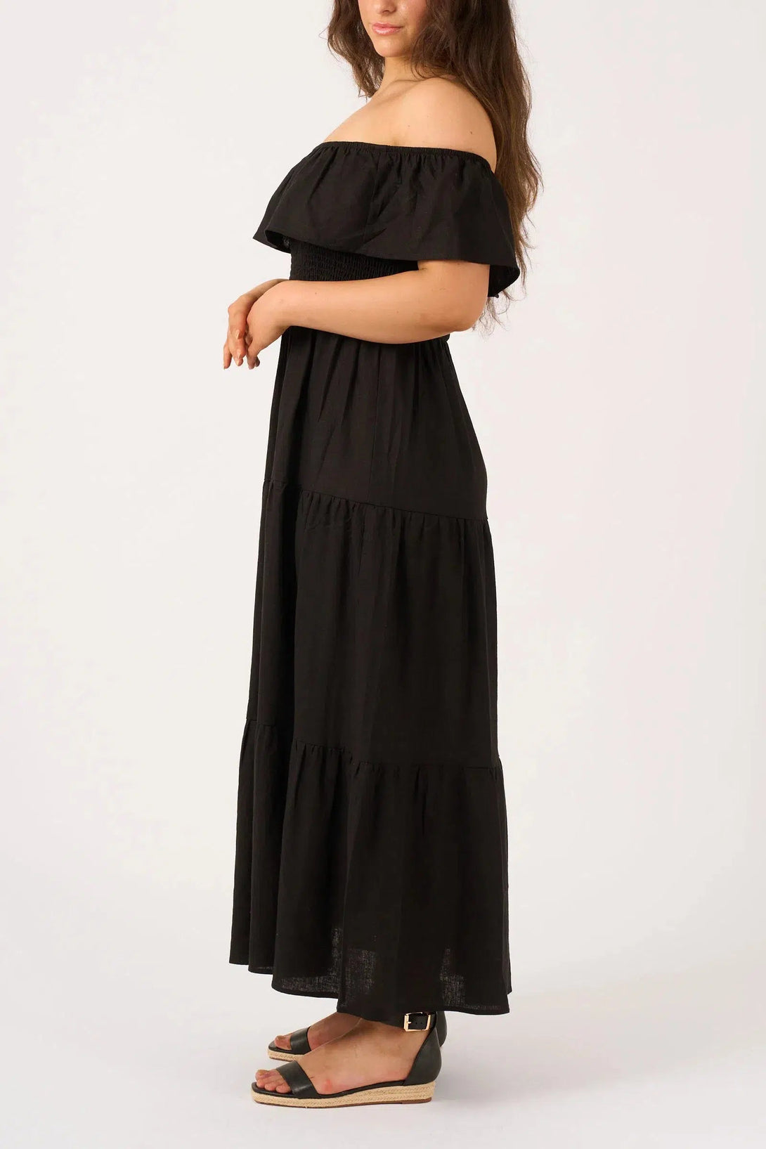 Linen Blend Shirred Ruffle Maxi Dress - Black-Activewear-Exoticathletica