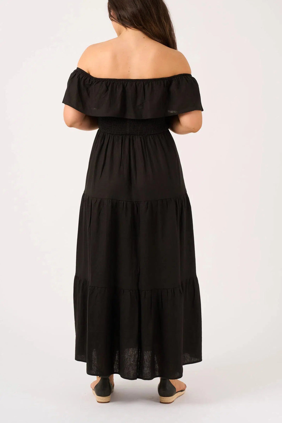 Linen Blend Shirred Ruffle Maxi Dress - Black-Activewear-Exoticathletica