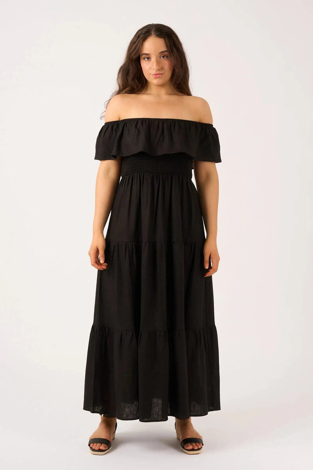 Linen Blend Shirred Ruffle Maxi Dress - Black-Activewear-Exoticathletica