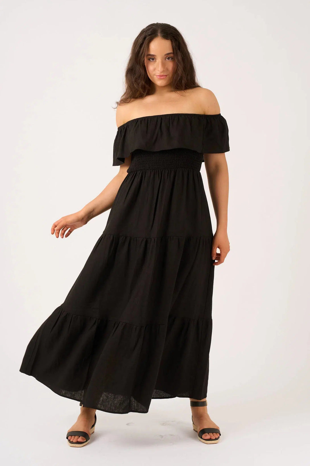 Linen Blend Shirred Ruffle Maxi Dress - Black-Activewear-Exoticathletica