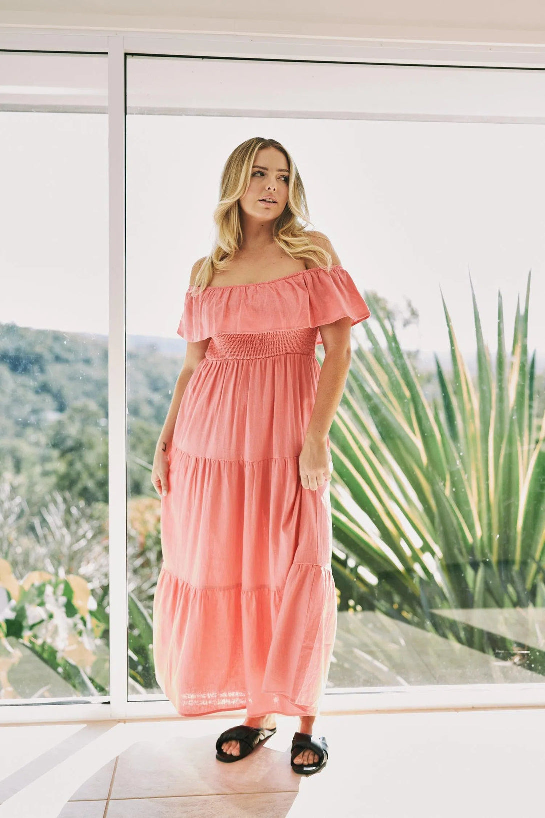 Linen Blend Shirred Ruffle Maxi Dress - Bubblegum Pink-9358328373711-Activewear-Exoticathletica