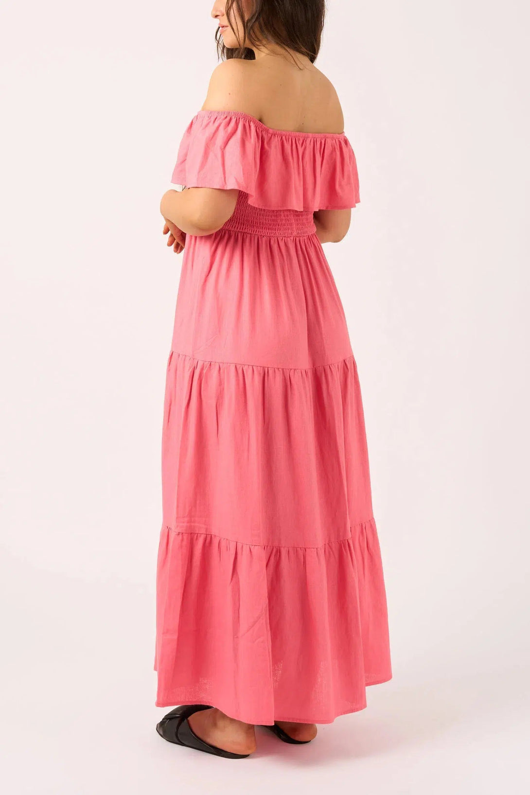 Linen Blend Shirred Ruffle Maxi Dress - Bubblegum Pink-Activewear-Exoticathletica