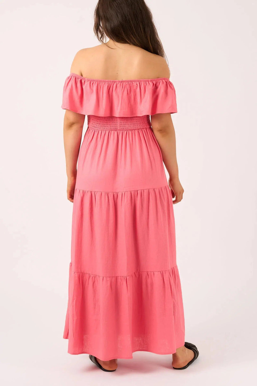 Linen Blend Shirred Ruffle Maxi Dress - Bubblegum Pink-Activewear-Exoticathletica