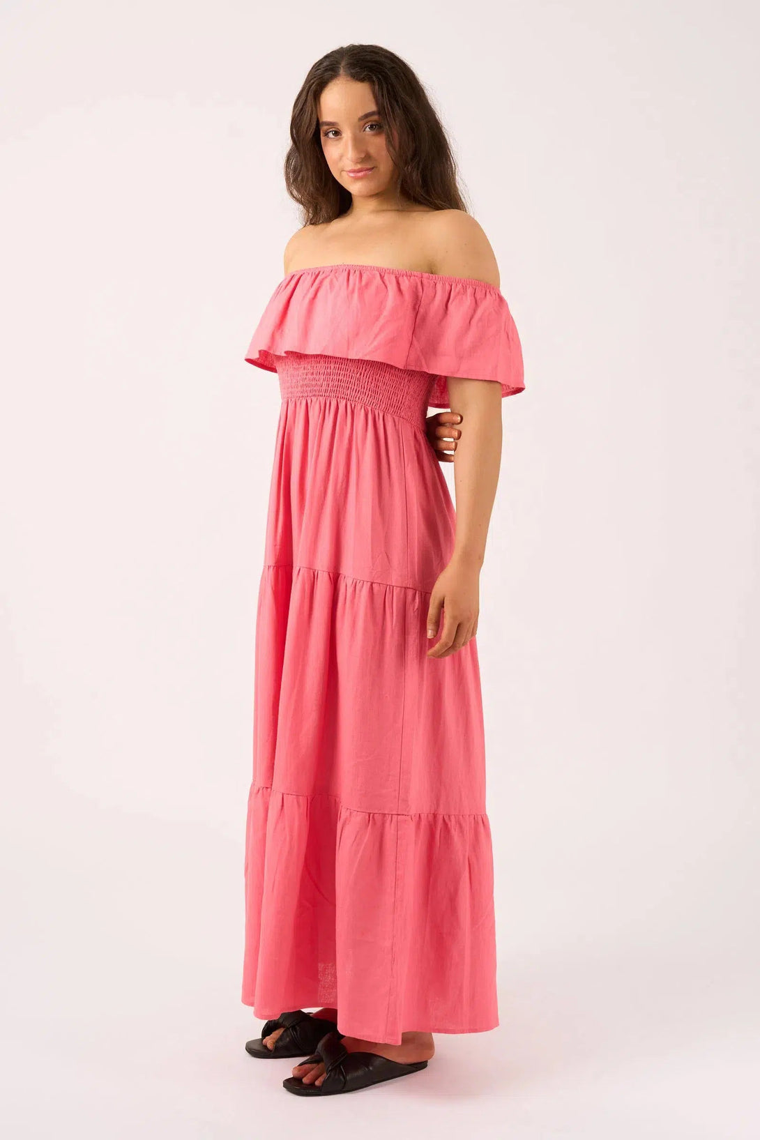 Linen Blend Shirred Ruffle Maxi Dress - Bubblegum Pink-Activewear-Exoticathletica