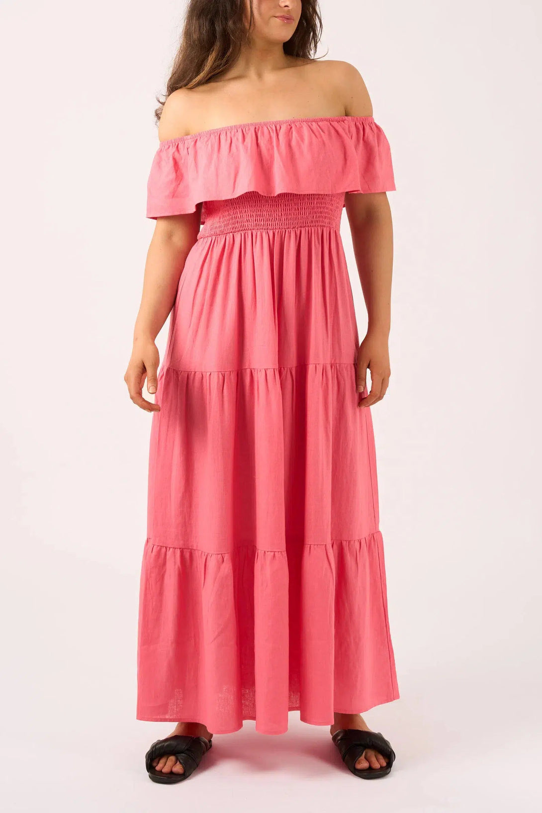 Linen Blend Shirred Ruffle Maxi Dress - Bubblegum Pink-Activewear-Exoticathletica