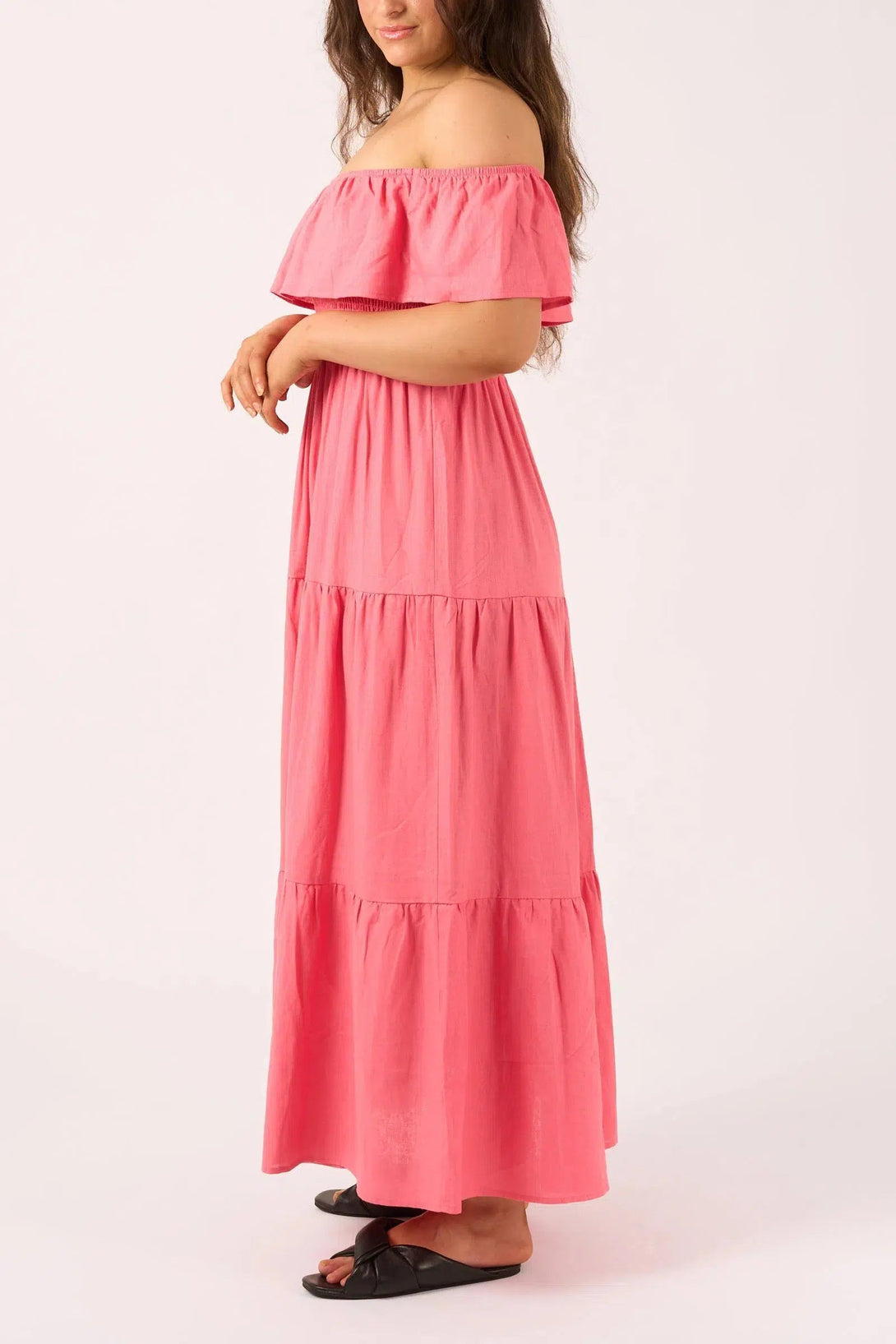 Linen Blend Shirred Ruffle Maxi Dress - Bubblegum Pink-Activewear-Exoticathletica