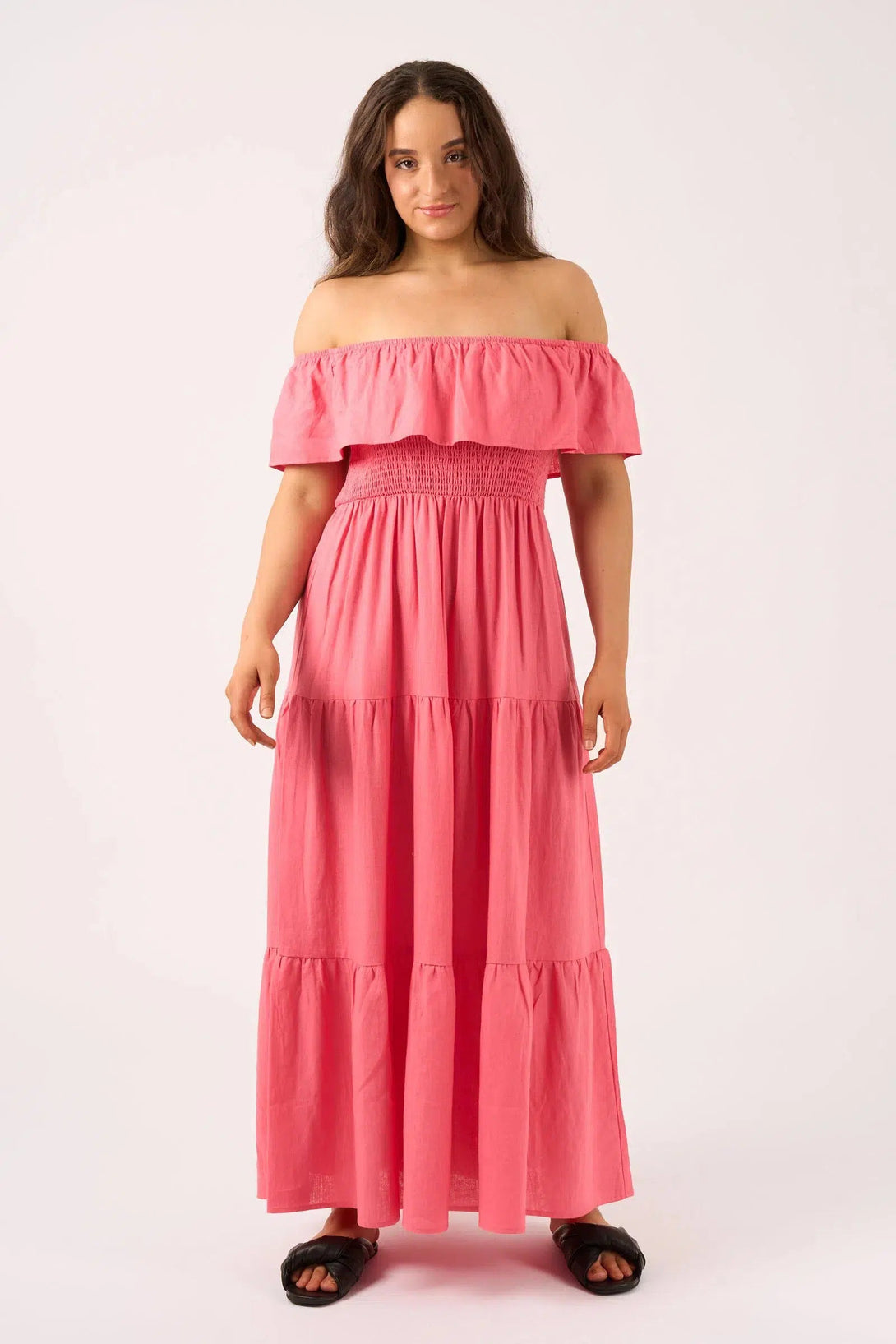 Linen Blend Shirred Ruffle Maxi Dress - Bubblegum Pink-Activewear-Exoticathletica