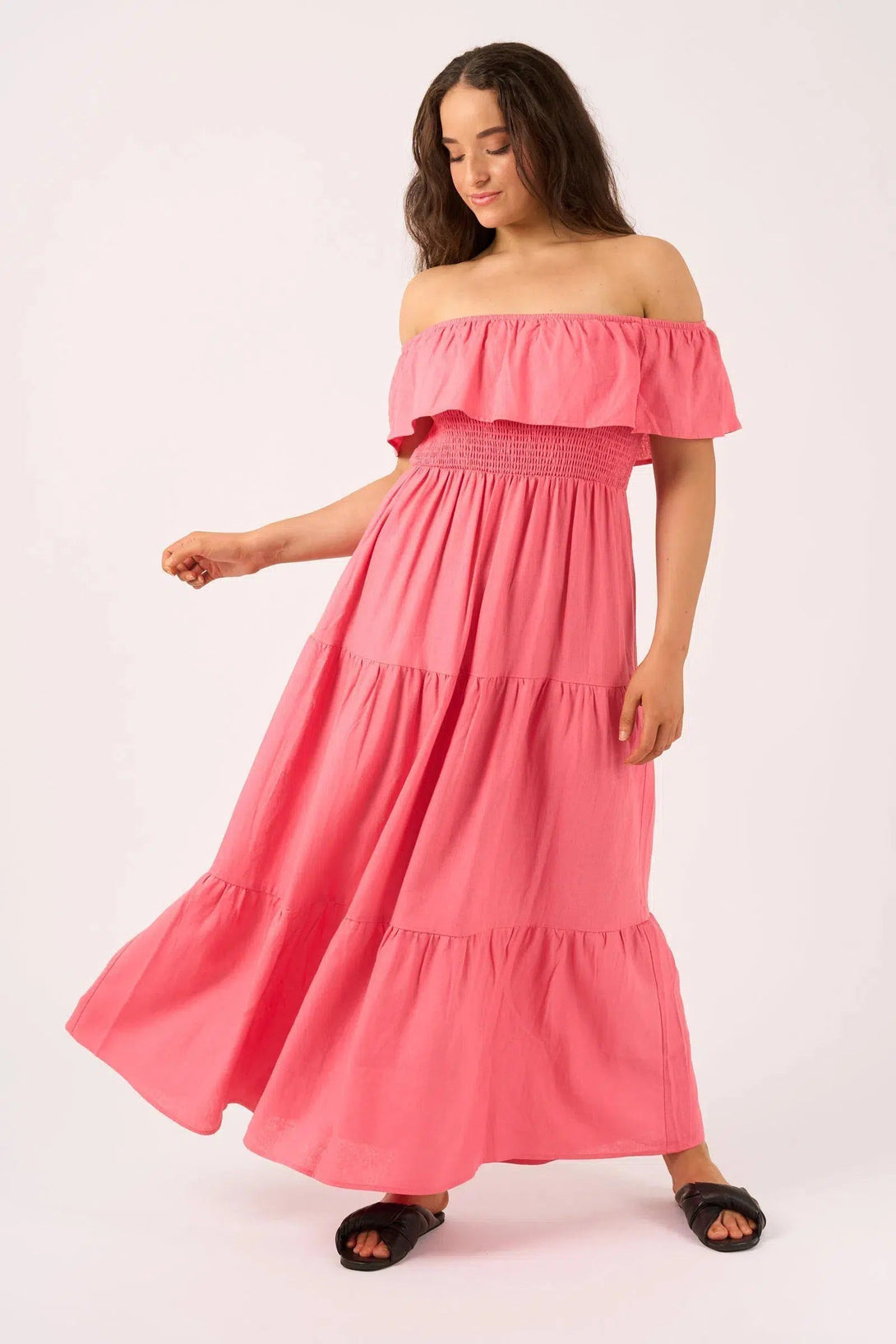 Linen Blend Shirred Ruffle Maxi Dress - Bubblegum Pink-Activewear-Exoticathletica