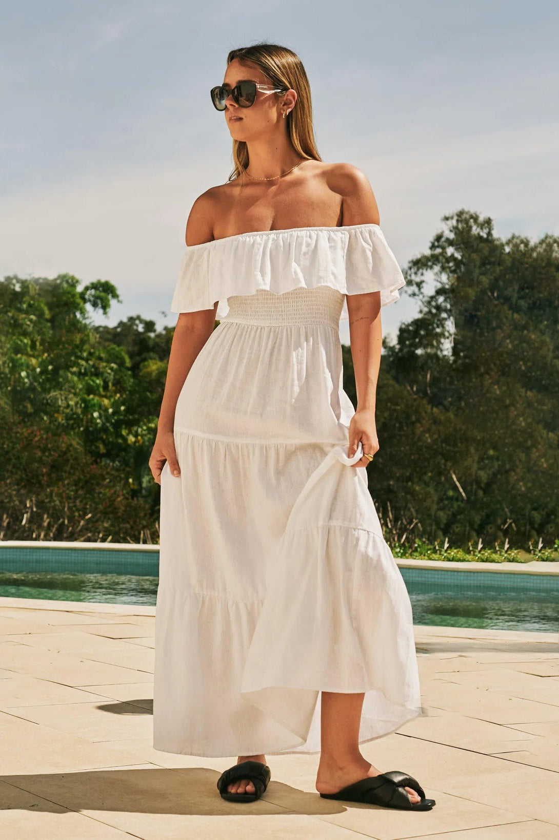 Linen Blend Shirred Ruffle Maxi Dress - White-9358328373650-Activewear-Exoticathletica