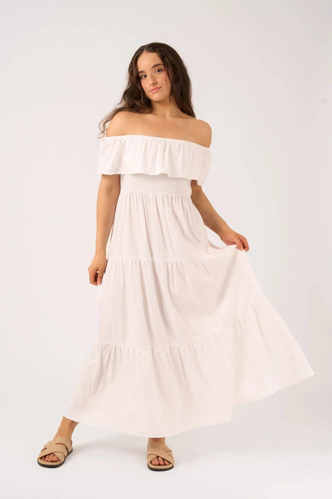 Linen Blend Shirred Ruffle Maxi Dress - White-Activewear-Exoticathletica