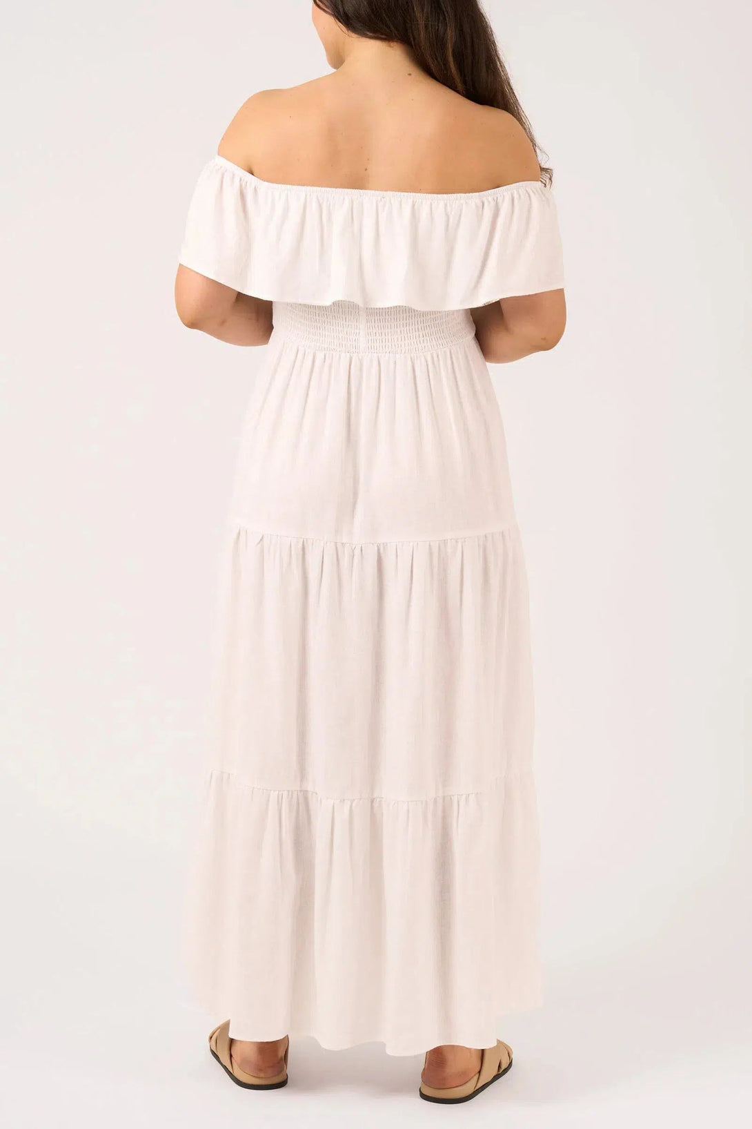 Linen Blend Shirred Ruffle Maxi Dress - White-Activewear-Exoticathletica