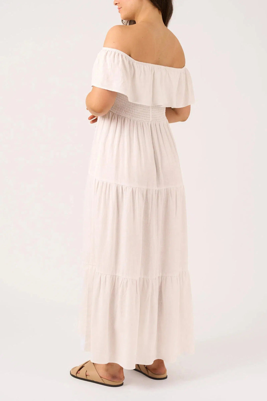 Linen Blend Shirred Ruffle Maxi Dress - White-Activewear-Exoticathletica