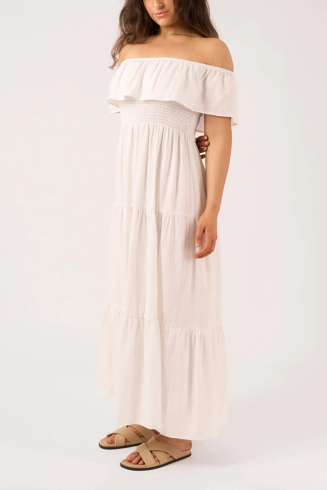 Linen Blend Shirred Ruffle Maxi Dress - White-Activewear-Exoticathletica