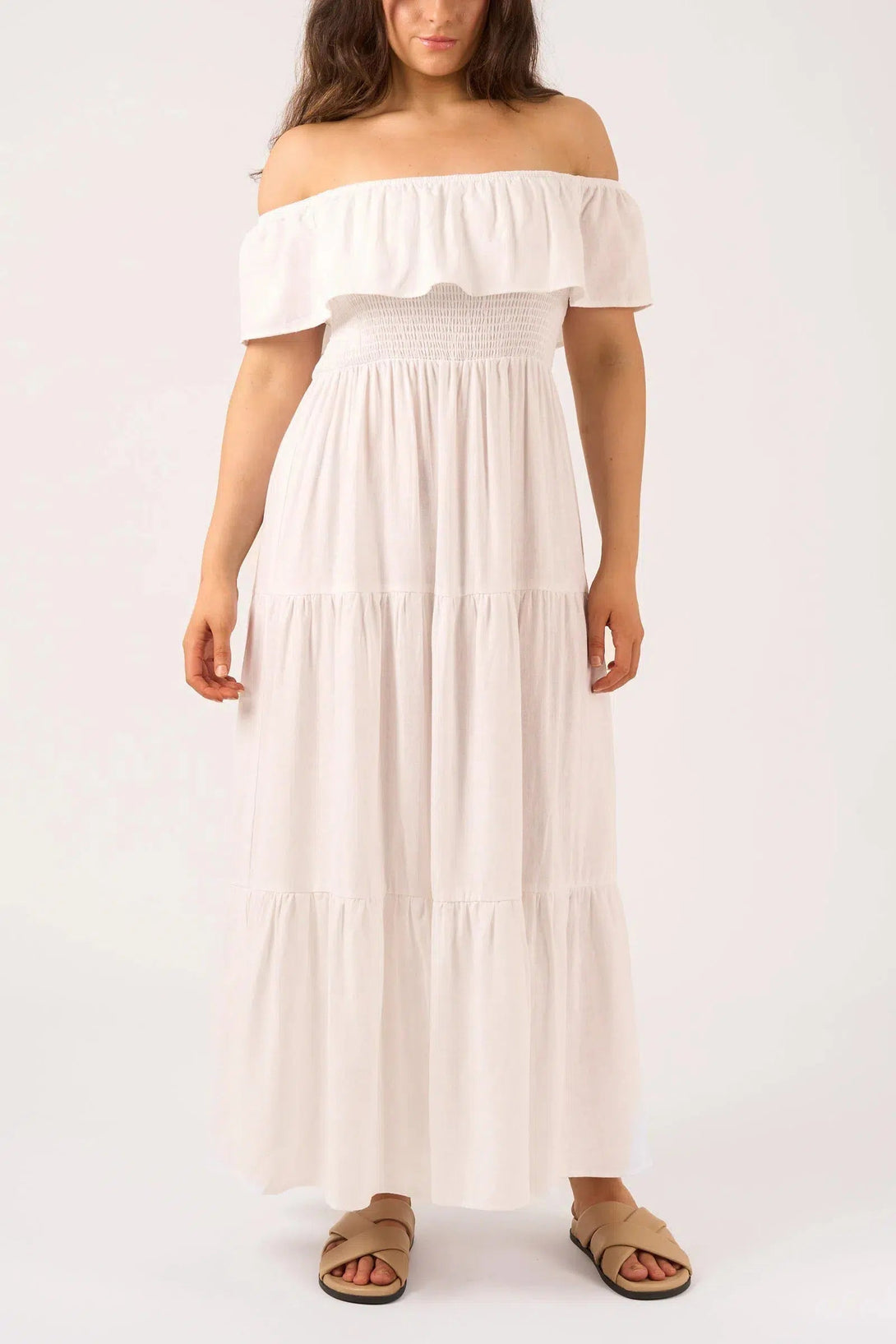 Linen Blend Shirred Ruffle Maxi Dress - White-Activewear-Exoticathletica