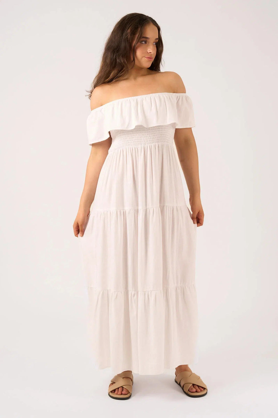 Linen Blend Shirred Ruffle Maxi Dress - White-Activewear-Exoticathletica