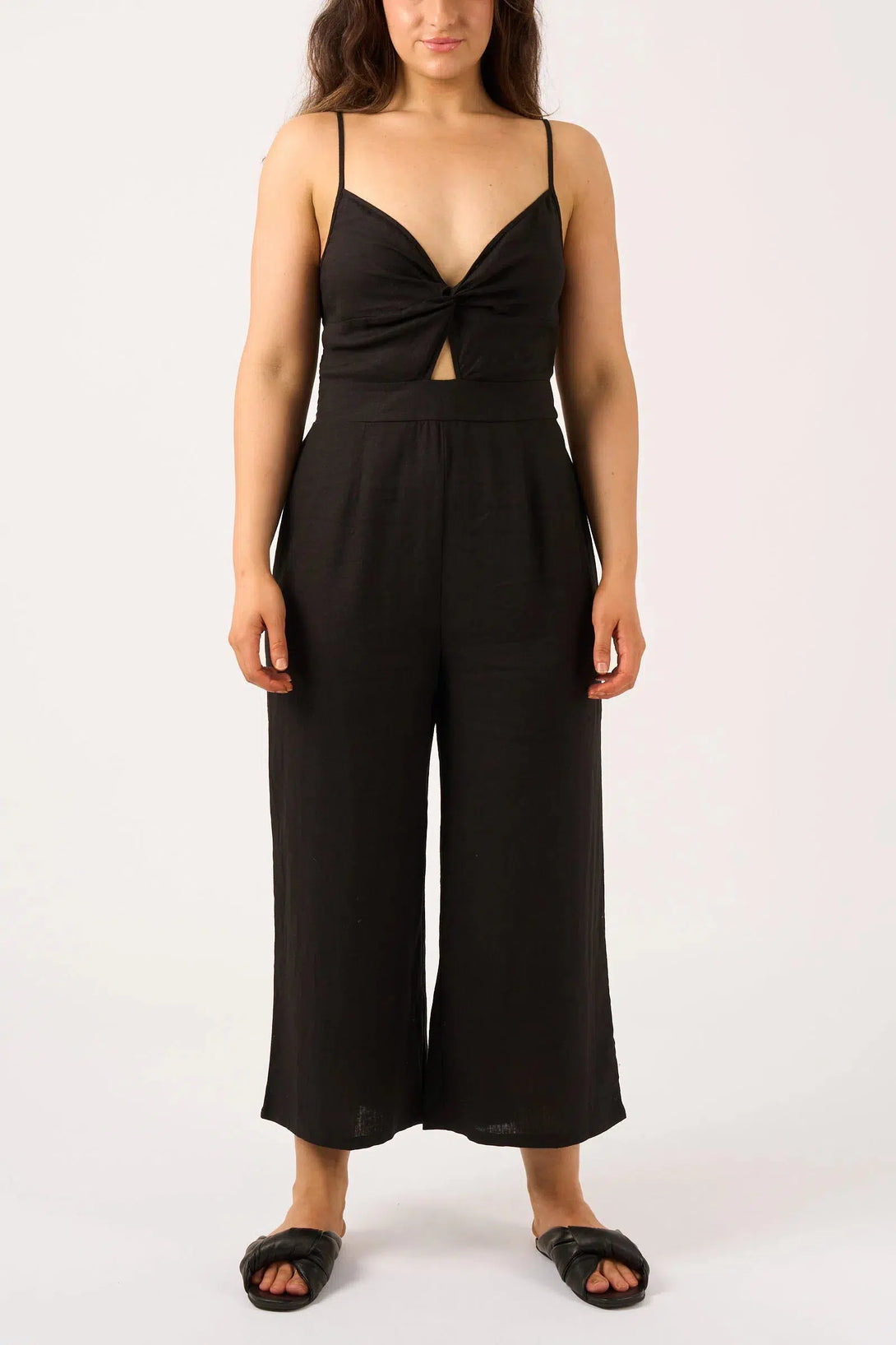 Linen Blend Twist Front Jumpsuit - Black-Activewear-Exoticathletica