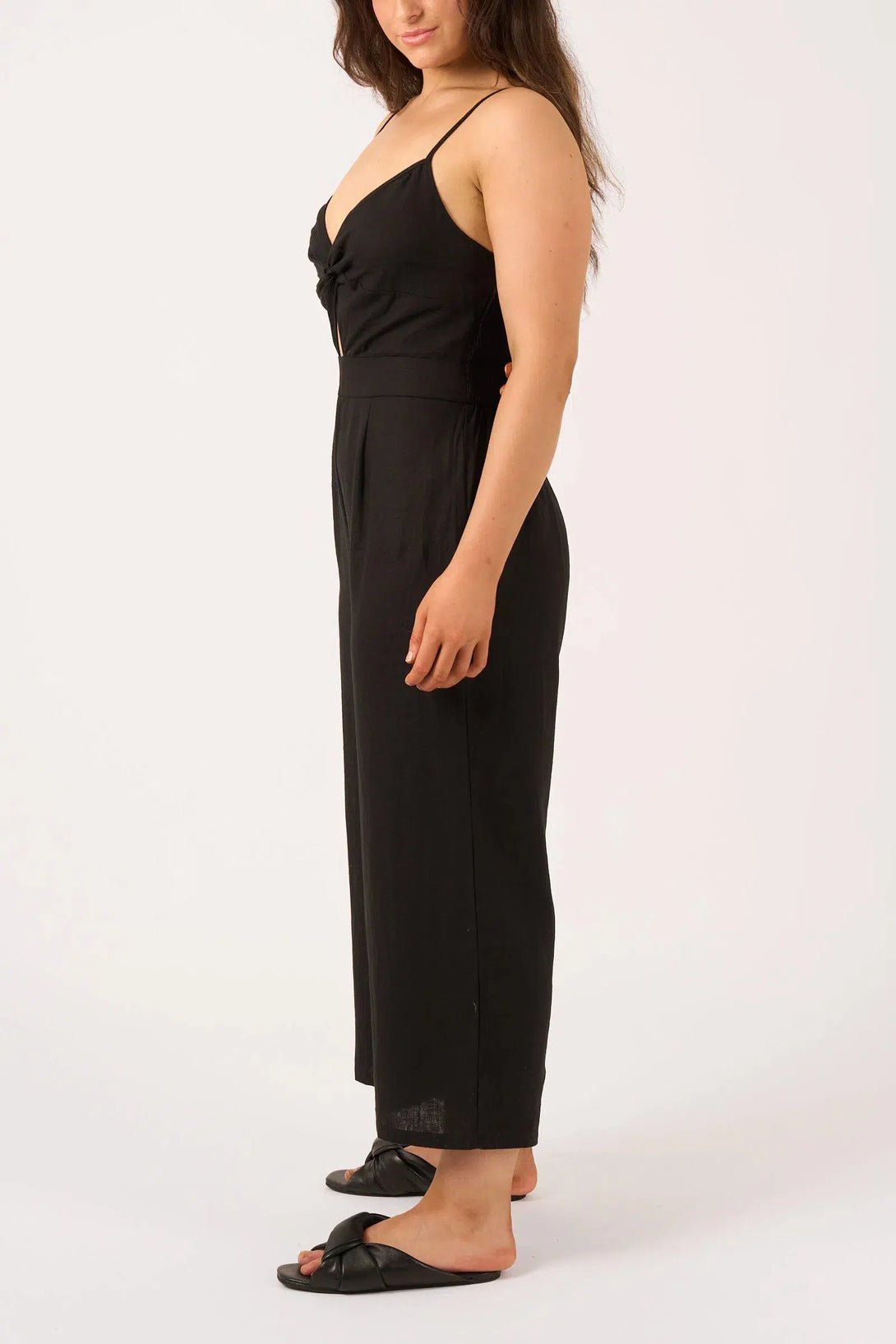 Linen Blend Twist Front Jumpsuit - Black-Activewear-Exoticathletica