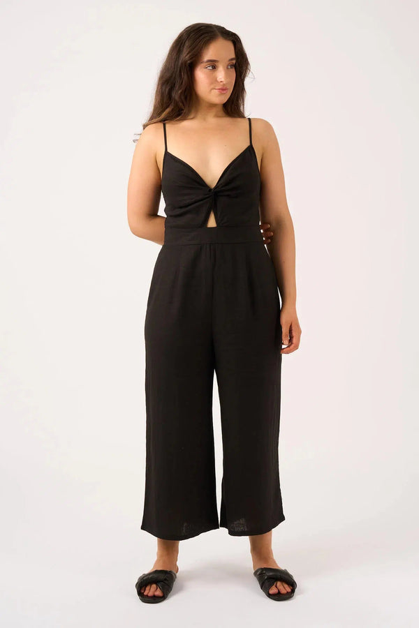 Linen Blend Twist Front Jumpsuit - Black-Activewear-Exoticathletica