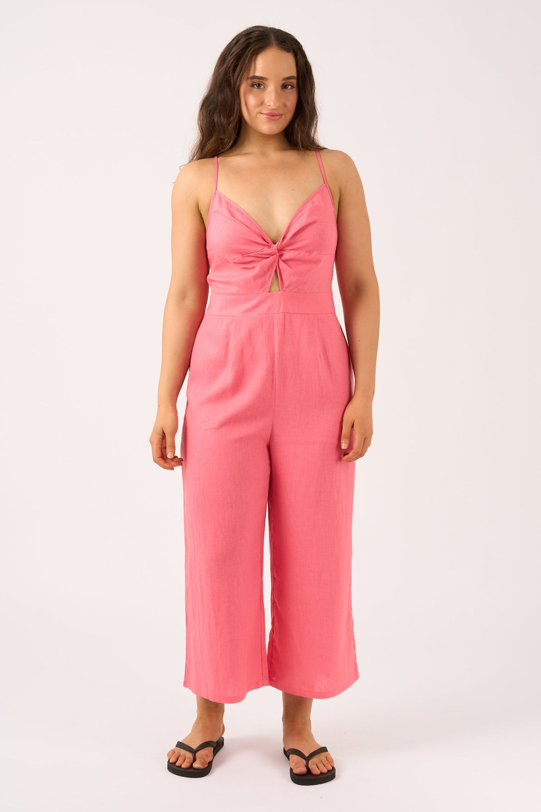 Linen Blend - Twist Front Jumpsuit - Bubblegum Pink-Activewear-Exoticathletica