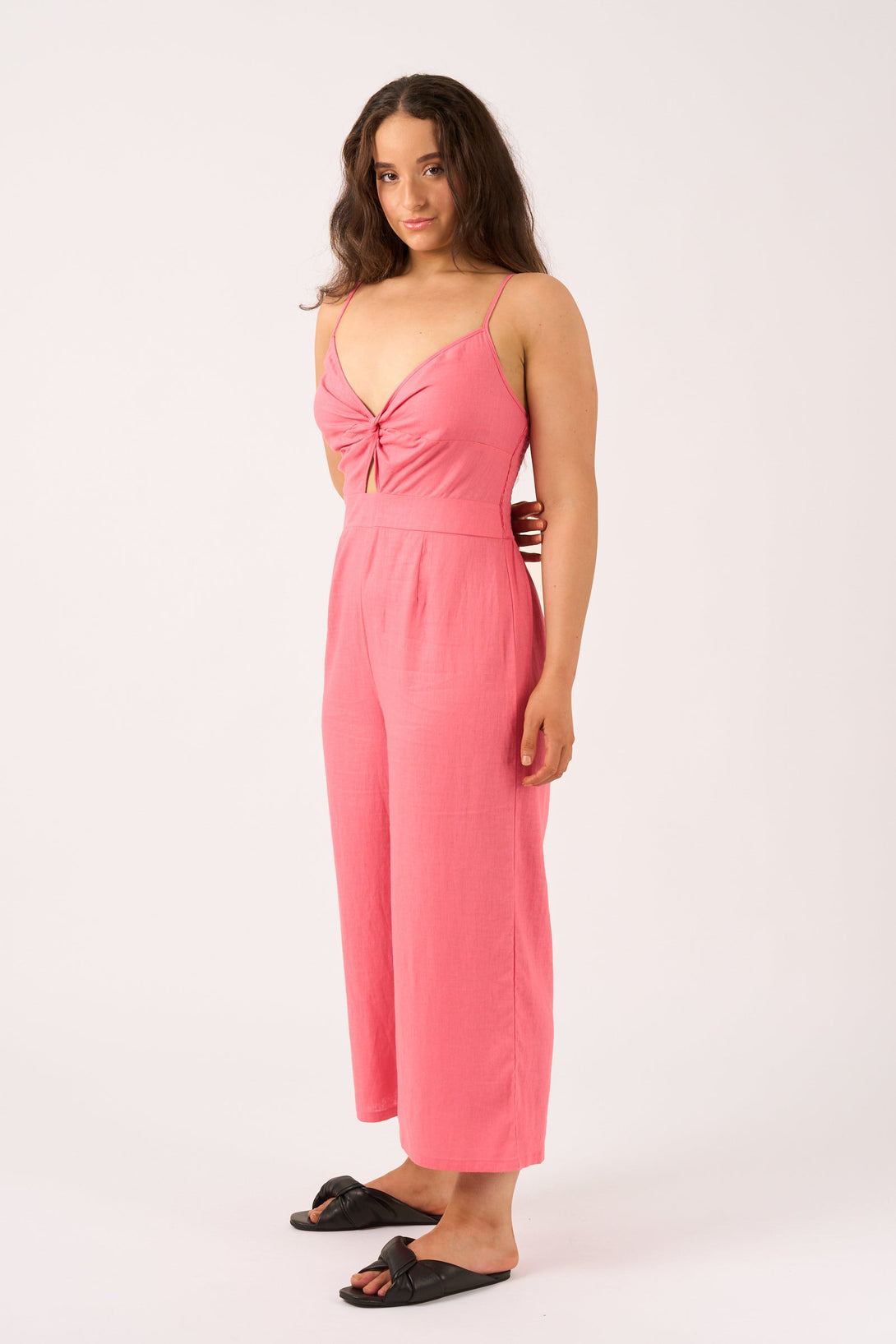 Linen Blend - Twist Front Jumpsuit - Bubblegum Pink-Activewear-Exoticathletica