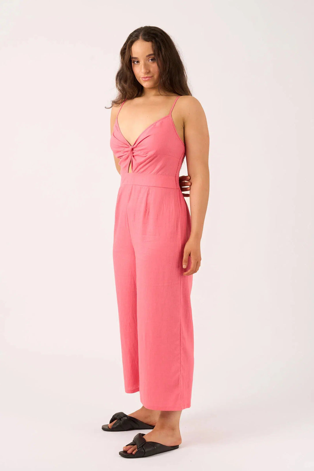 Linen Blend Twist Front Jumpsuit - Bubblegum Pink-Activewear-Exoticathletica