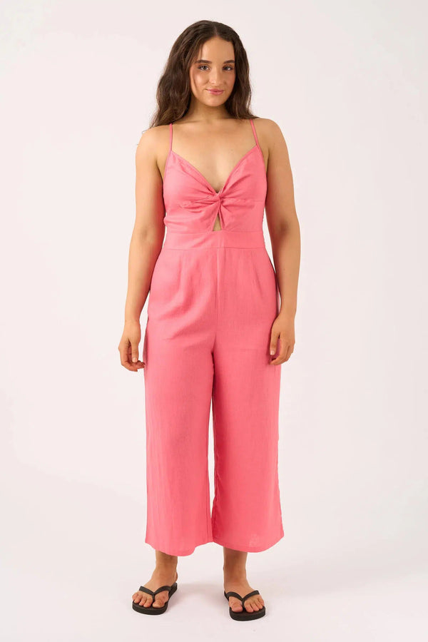 Linen Blend Twist Front Jumpsuit - Bubblegum Pink-Activewear-Exoticathletica