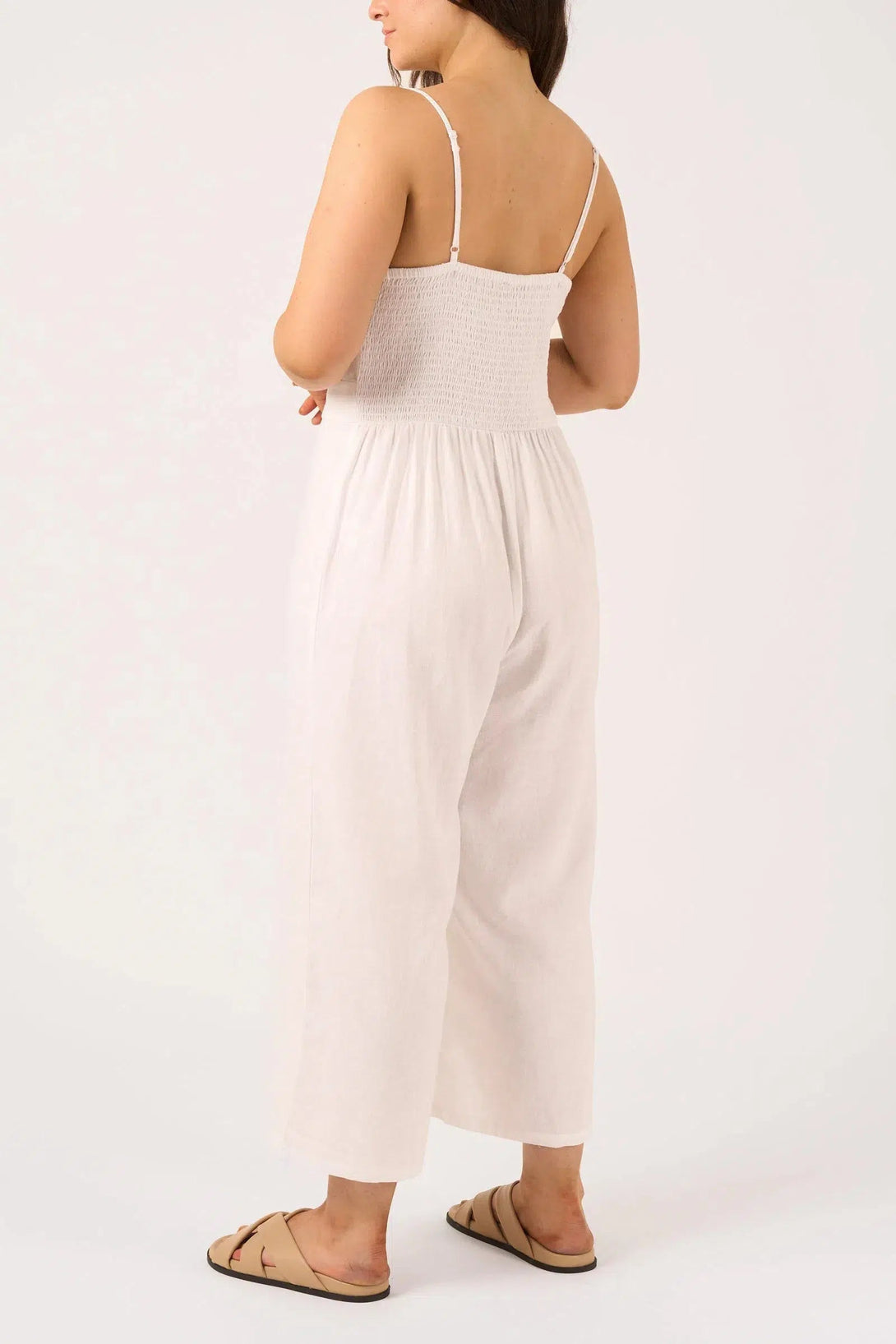 Linen Blend Twist Front Jumpsuit - White-Activewear-Exoticathletica