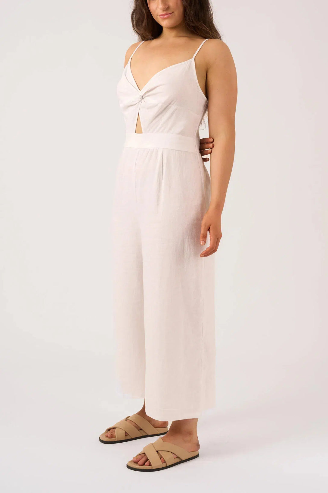 Linen Blend Twist Front Jumpsuit - White-Activewear-Exoticathletica