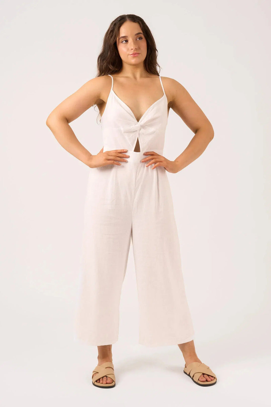 Linen Blend Twist Front Jumpsuit - White-Activewear-Exoticathletica