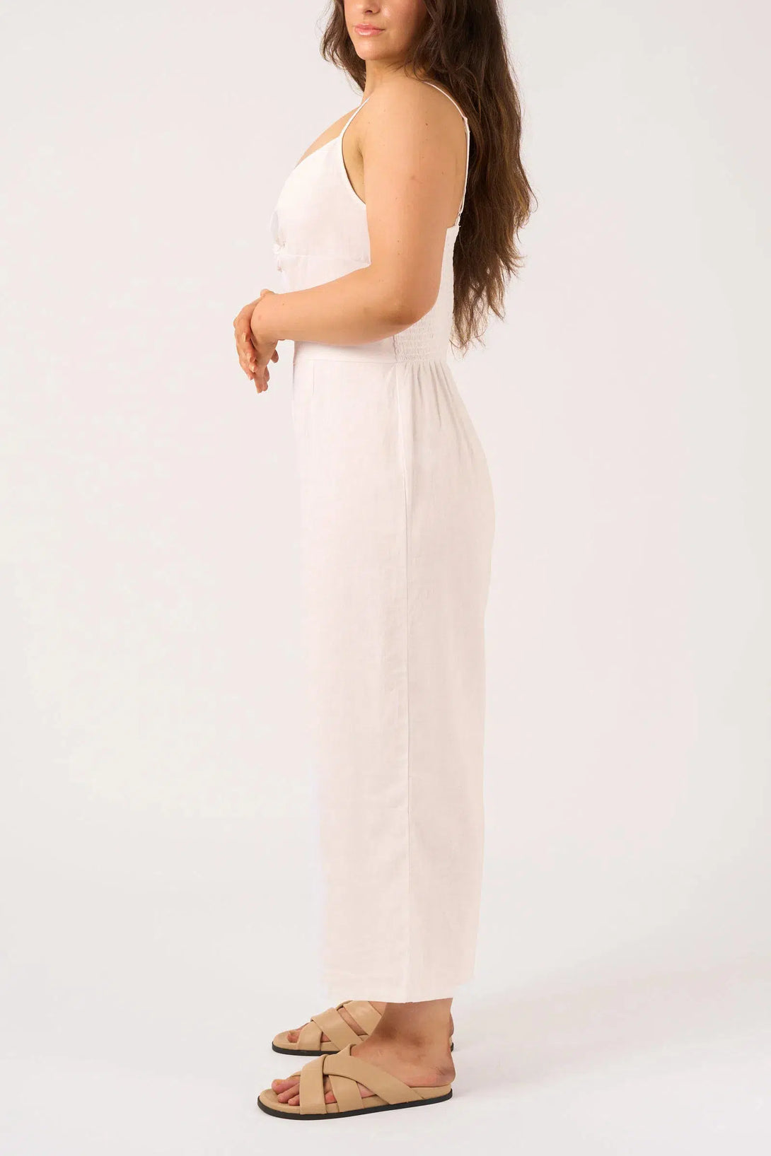 Linen Blend Twist Front Jumpsuit - White-Activewear-Exoticathletica