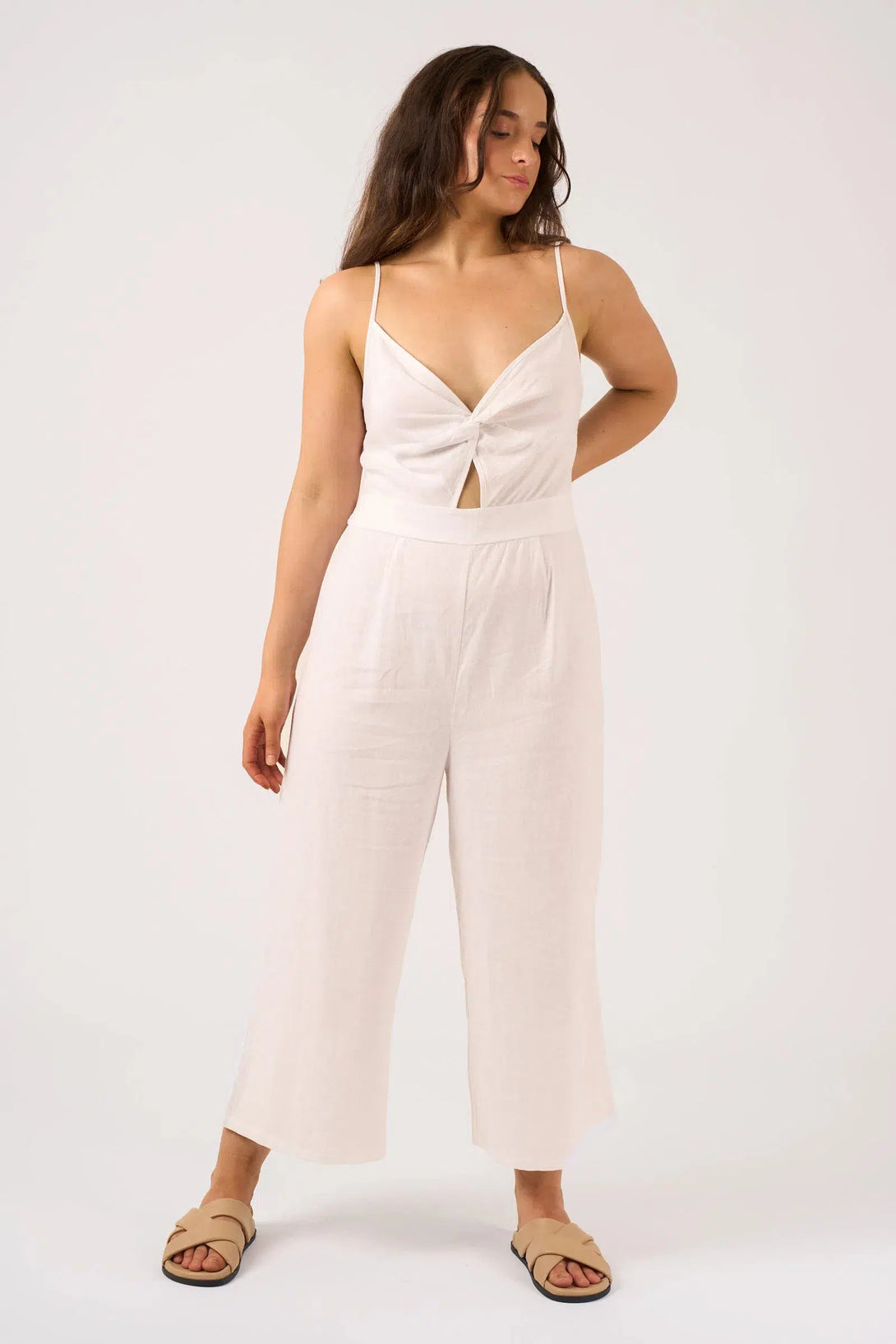 Linen Blend Twist Front Jumpsuit - White-Activewear-Exoticathletica