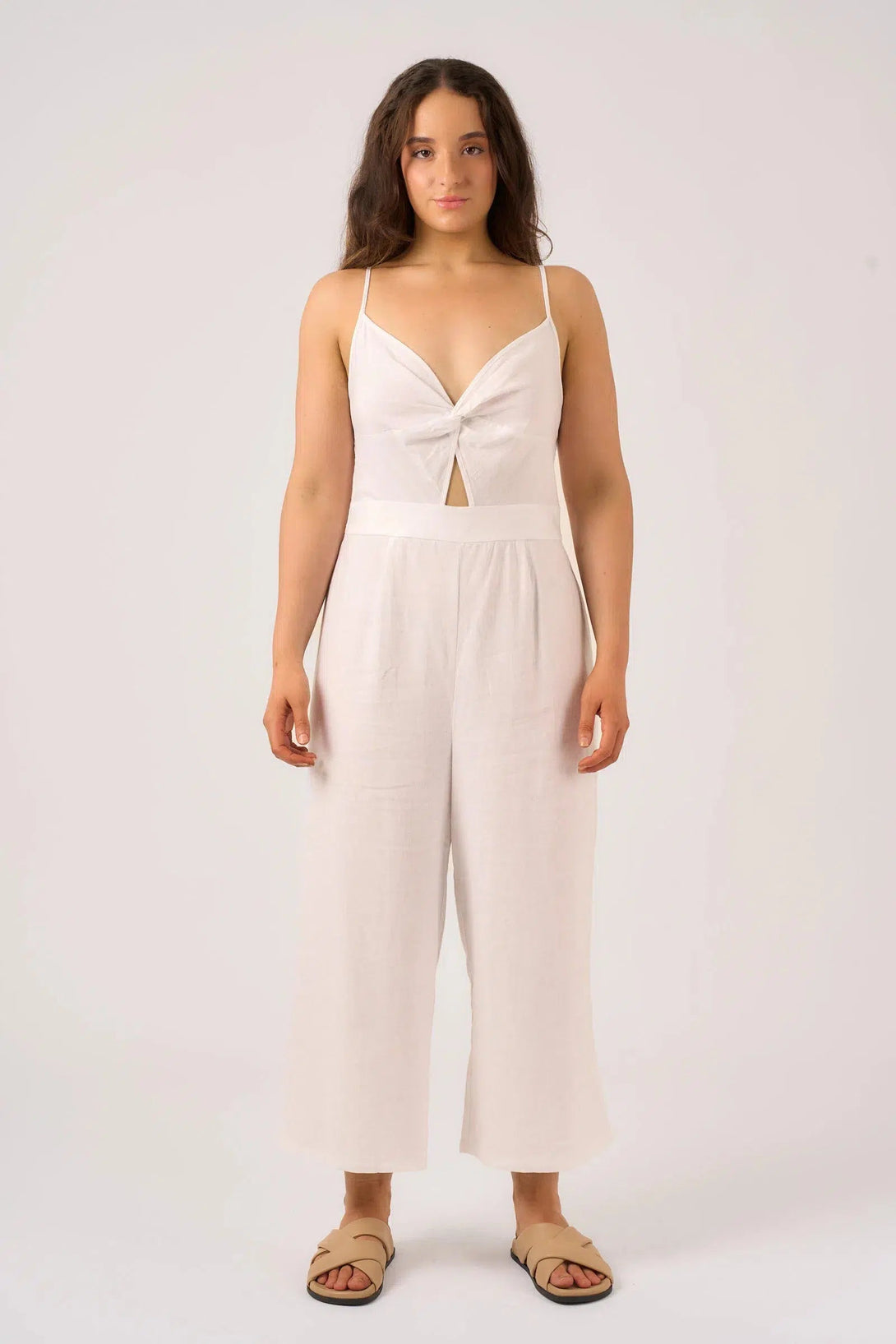 Linen Blend Twist Front Jumpsuit - White-Activewear-Exoticathletica