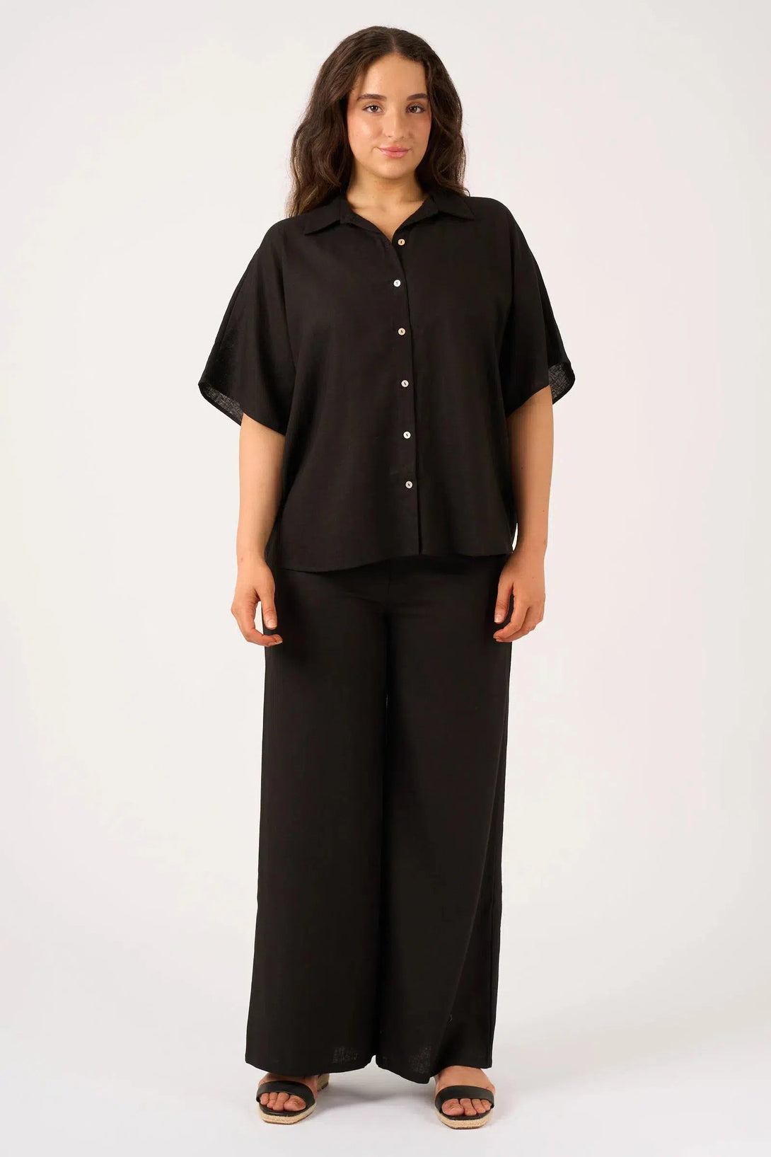 Linen Blend Wide Leg Pant With Pockets - Black-Activewear-Exoticathletica