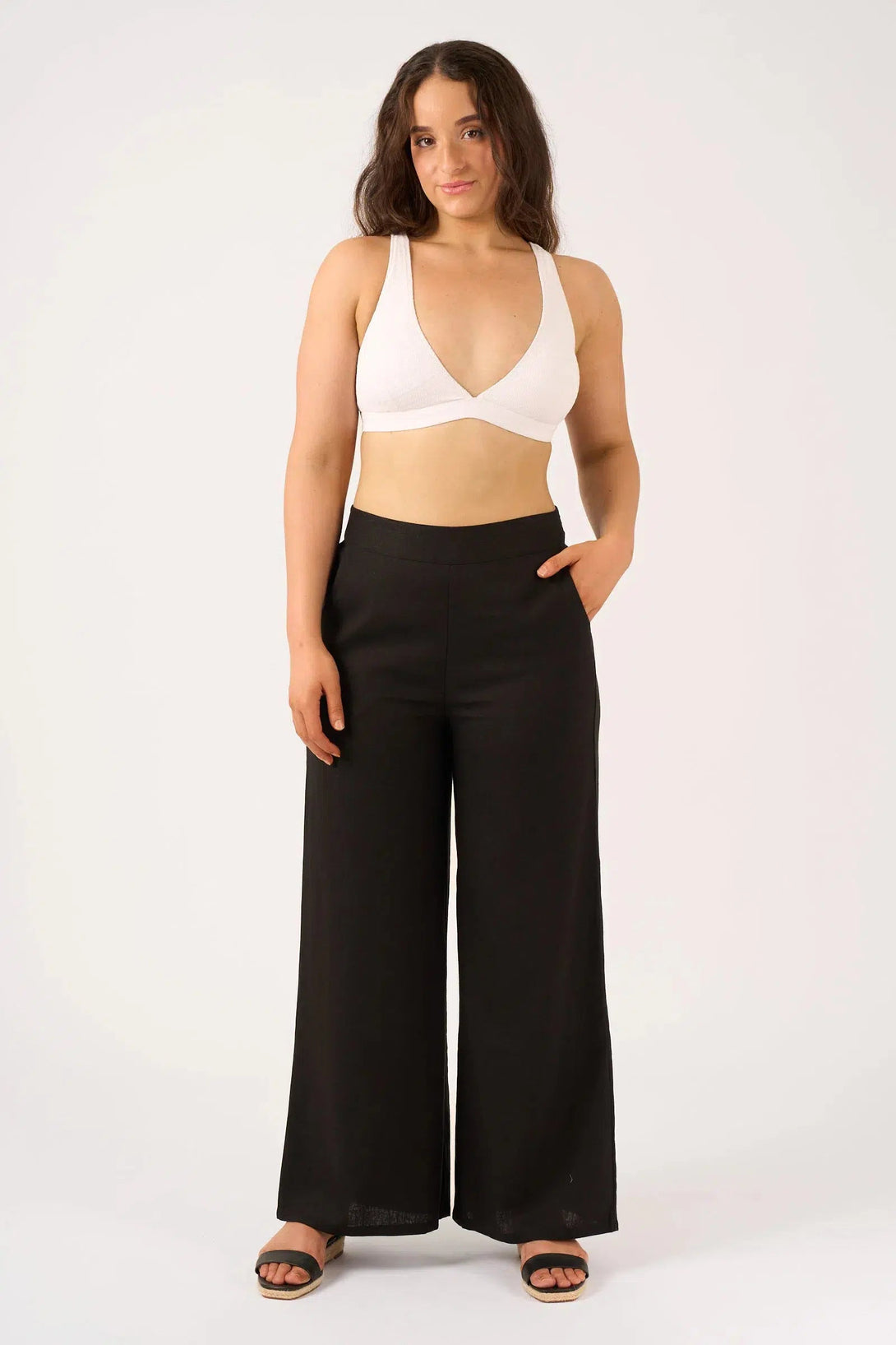 Linen Blend Wide Leg Pant With Pockets - Black-Activewear-Exoticathletica