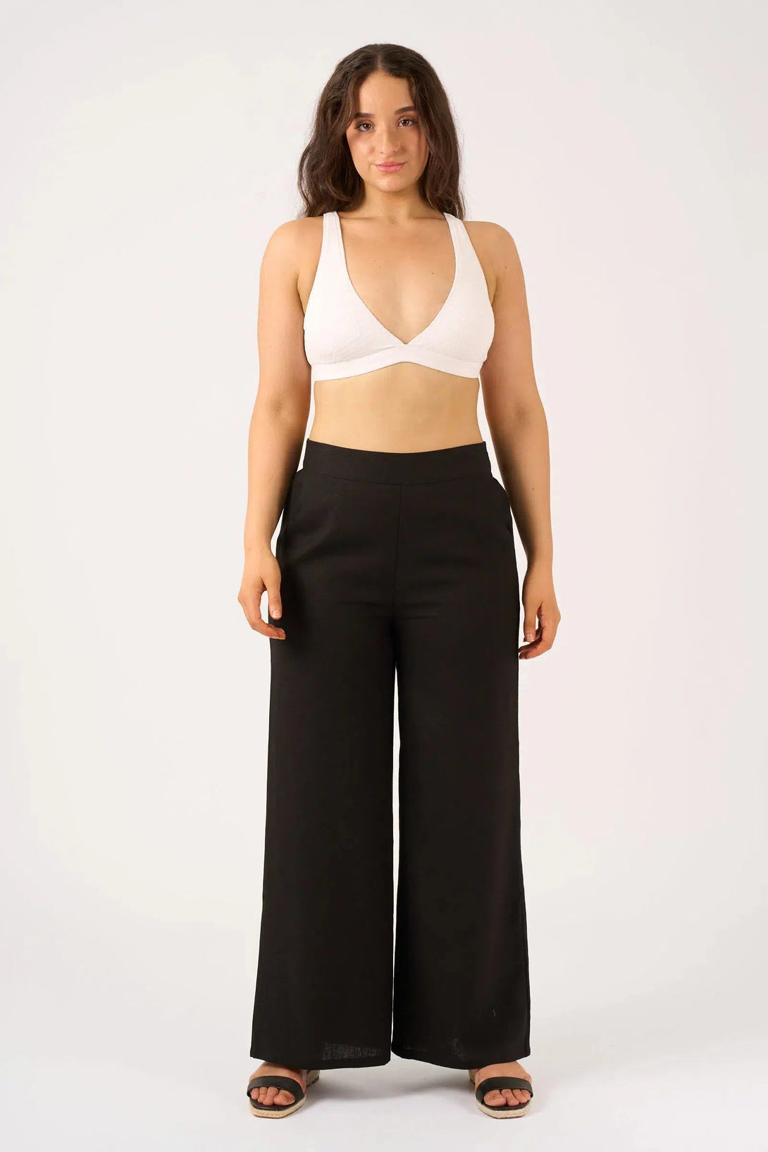 Linen Blend Wide Leg Pant With Pockets - Black-Activewear-Exoticathletica