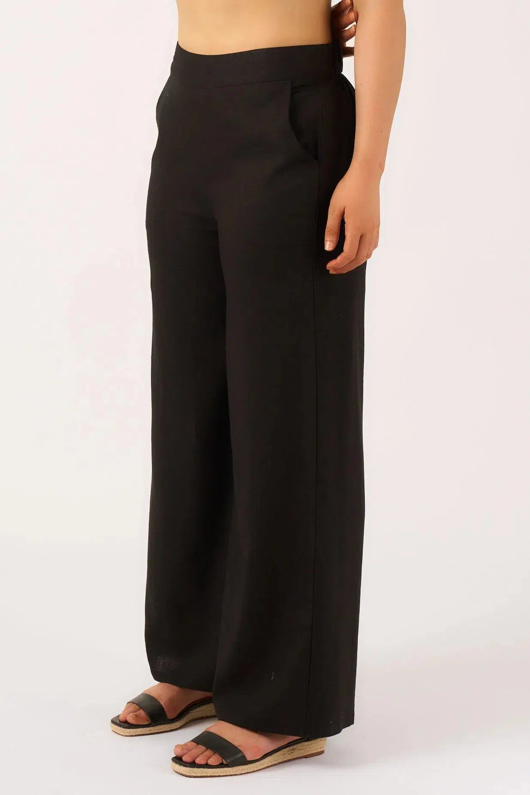 Linen Blend Wide Leg Pant With Pockets - Black-Activewear-Exoticathletica