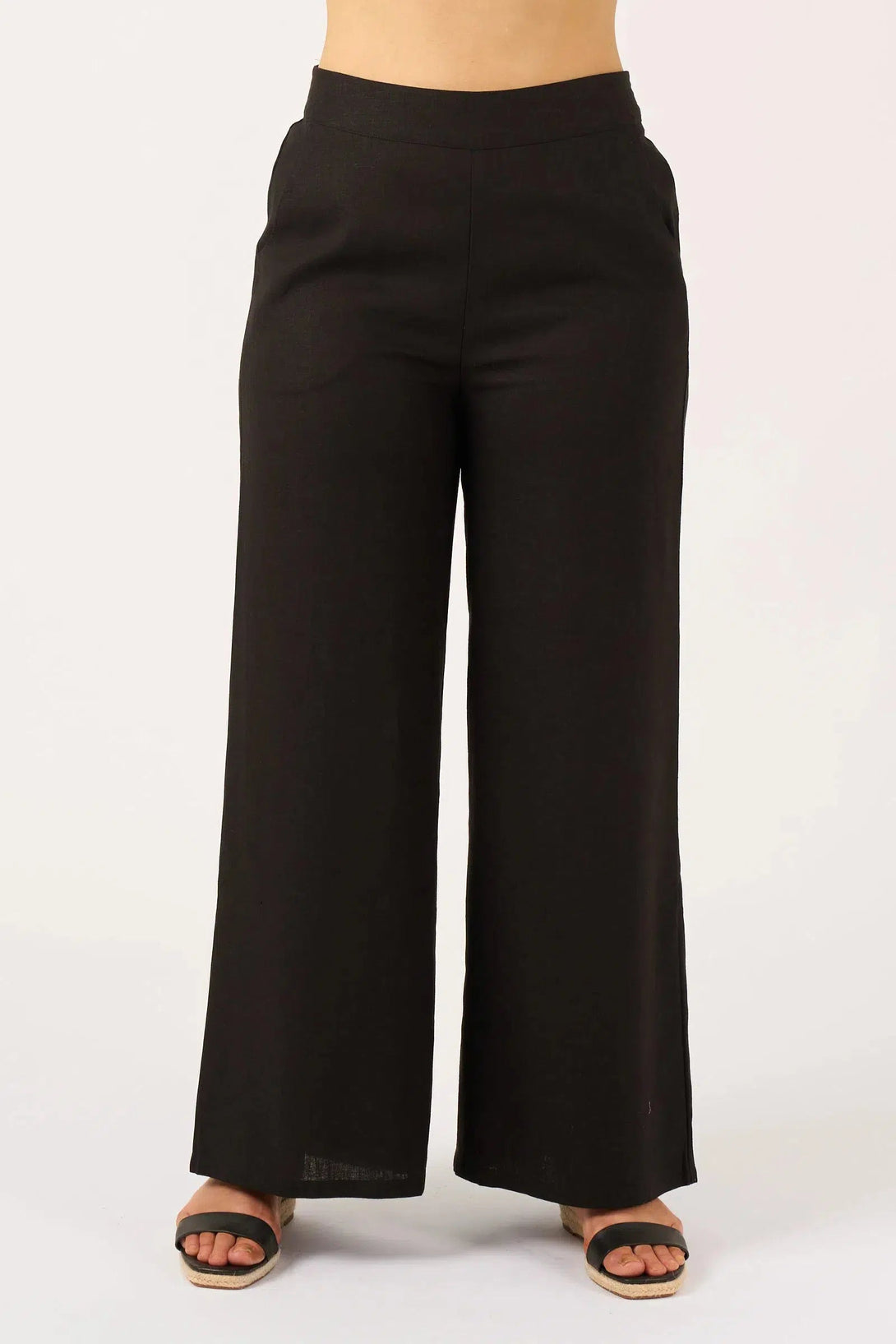 Linen Blend Wide Leg Pant With Pockets - Black-Activewear-Exoticathletica