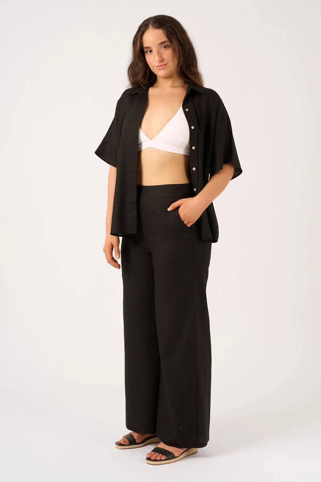 Linen Blend Wide Leg Pant With Pockets - Black-Activewear-Exoticathletica