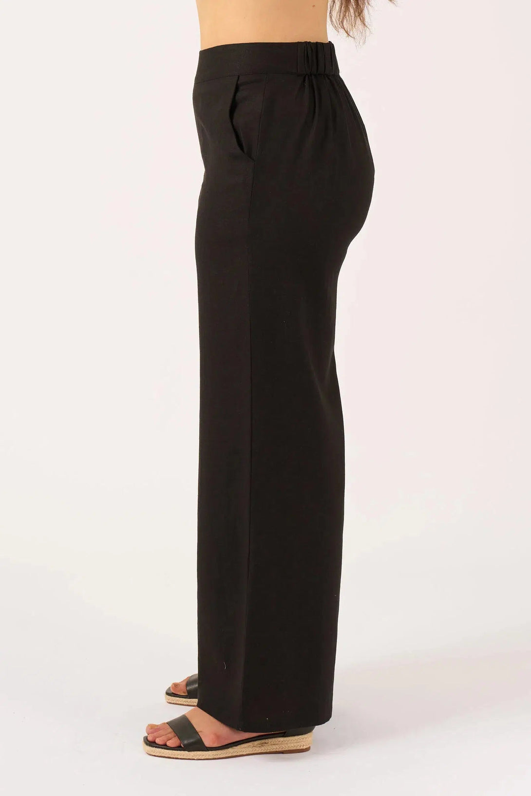 Linen Blend Wide Leg Pant With Pockets - Black-Activewear-Exoticathletica