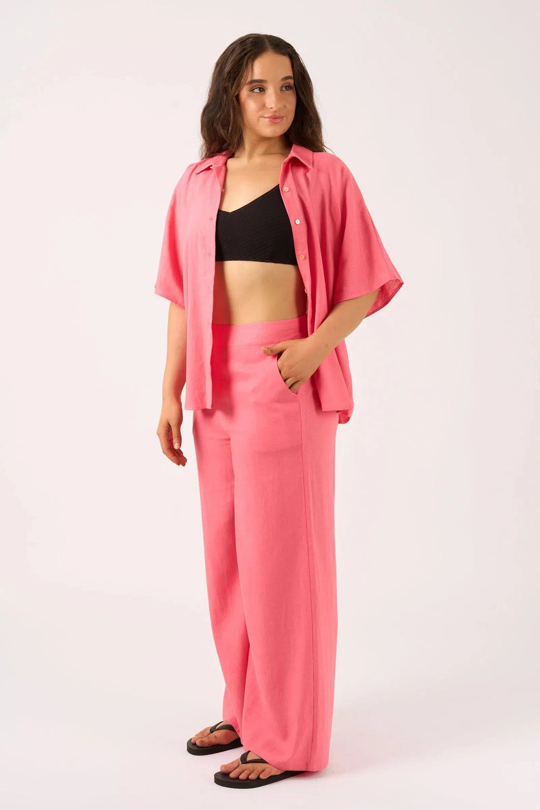 Linen Blend Wide Leg Pant With Pockets - Bubblegum Pink-Activewear-Exoticathletica