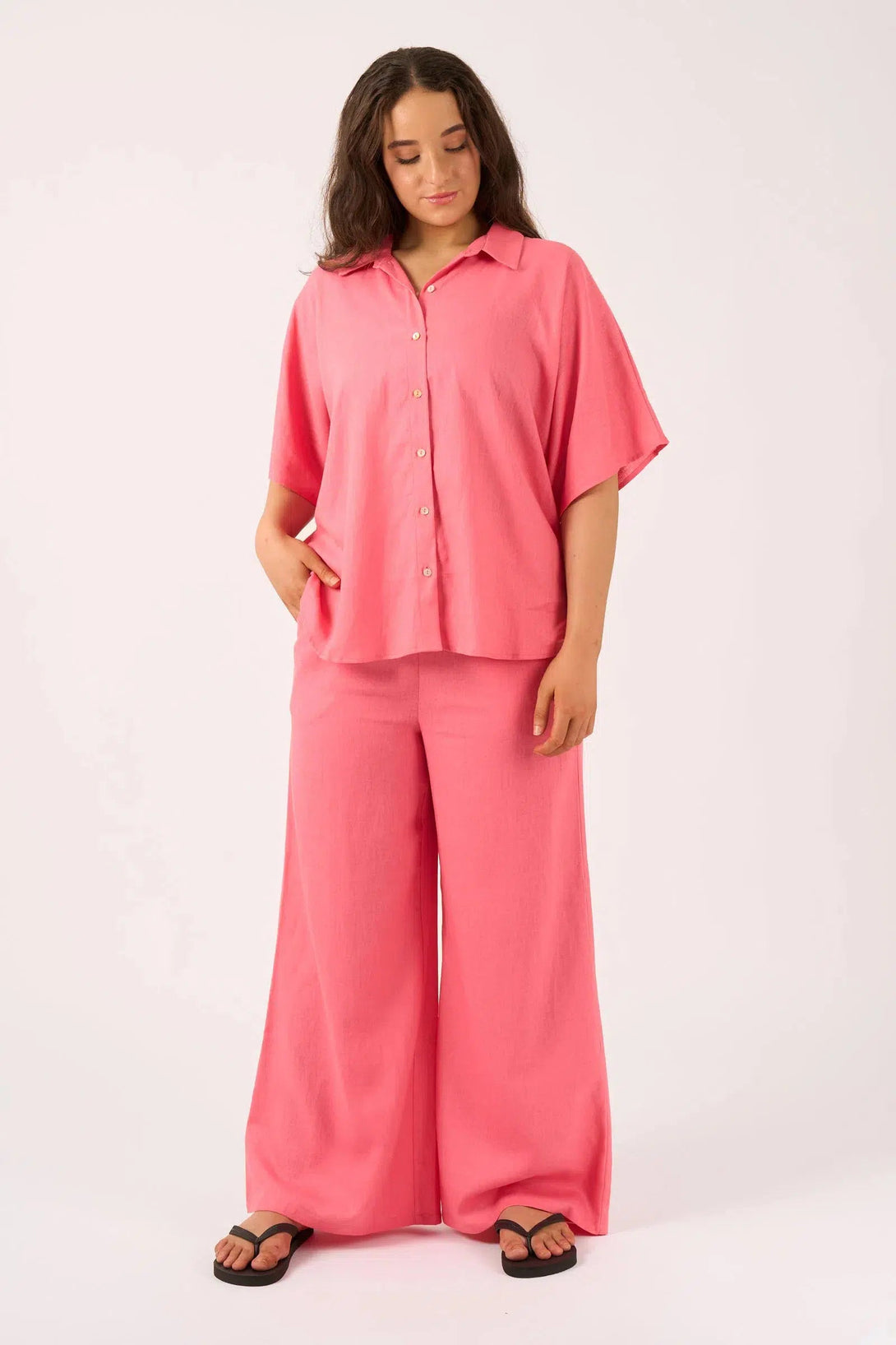 Linen Blend Wide Leg Pant With Pockets - Bubblegum Pink-Activewear-Exoticathletica