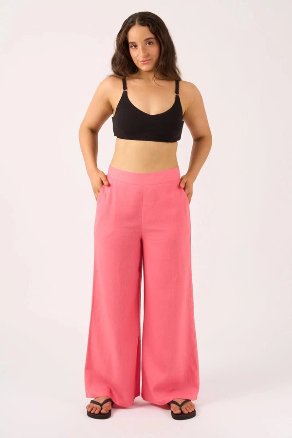 Linen Blend Wide Leg Pant With Pockets - Bubblegum Pink-Activewear-Exoticathletica