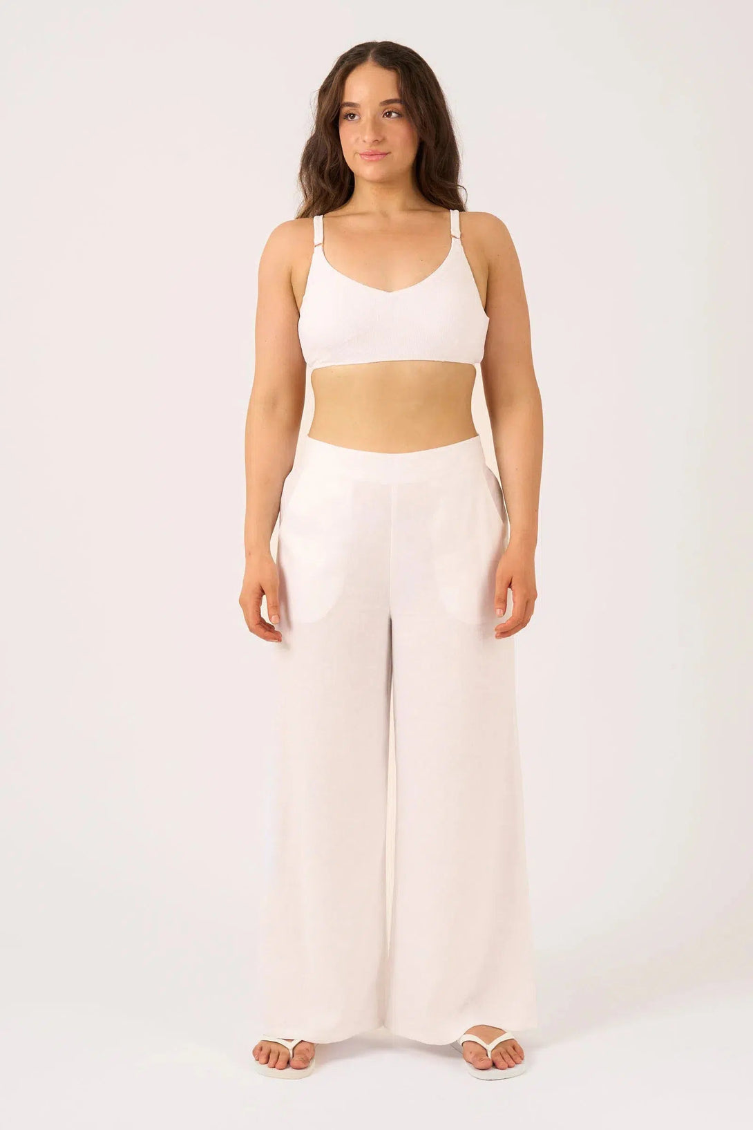 Linen Blend Wide Leg Pant With Pockets - White-Activewear-Exoticathletica