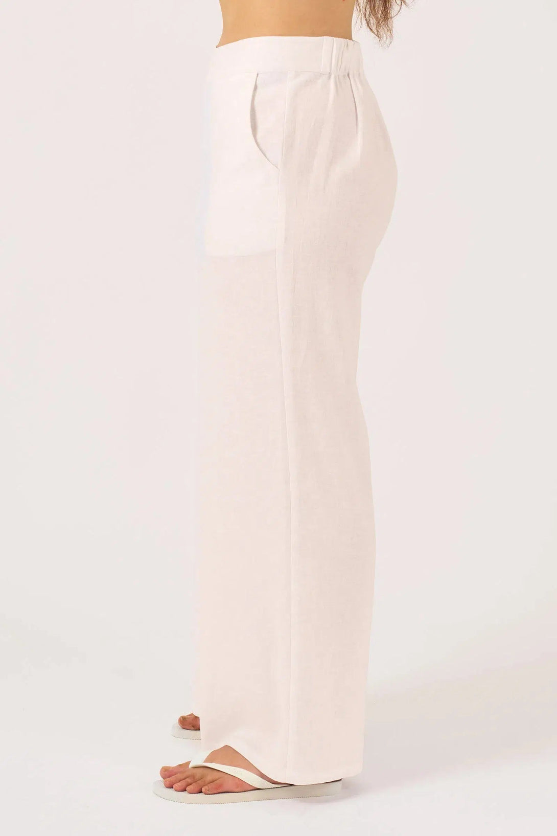 Linen Blend Wide Leg Pant With Pockets - White-Activewear-Exoticathletica