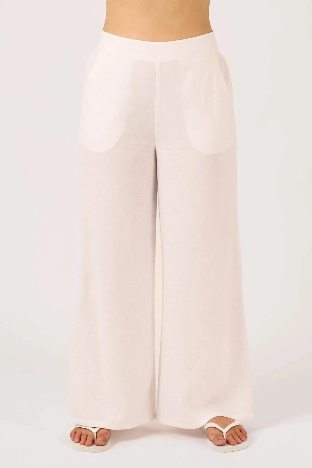 Linen Blend Wide Leg Pant With Pockets - White-Activewear-Exoticathletica