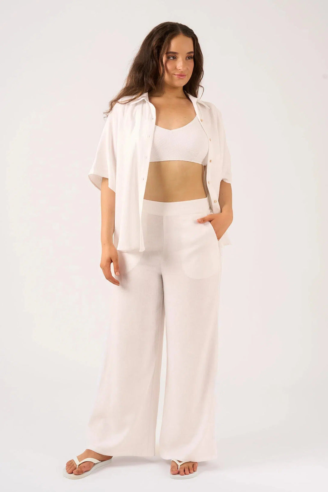 Linen Blend Wide Leg Pant With Pockets - White-Activewear-Exoticathletica