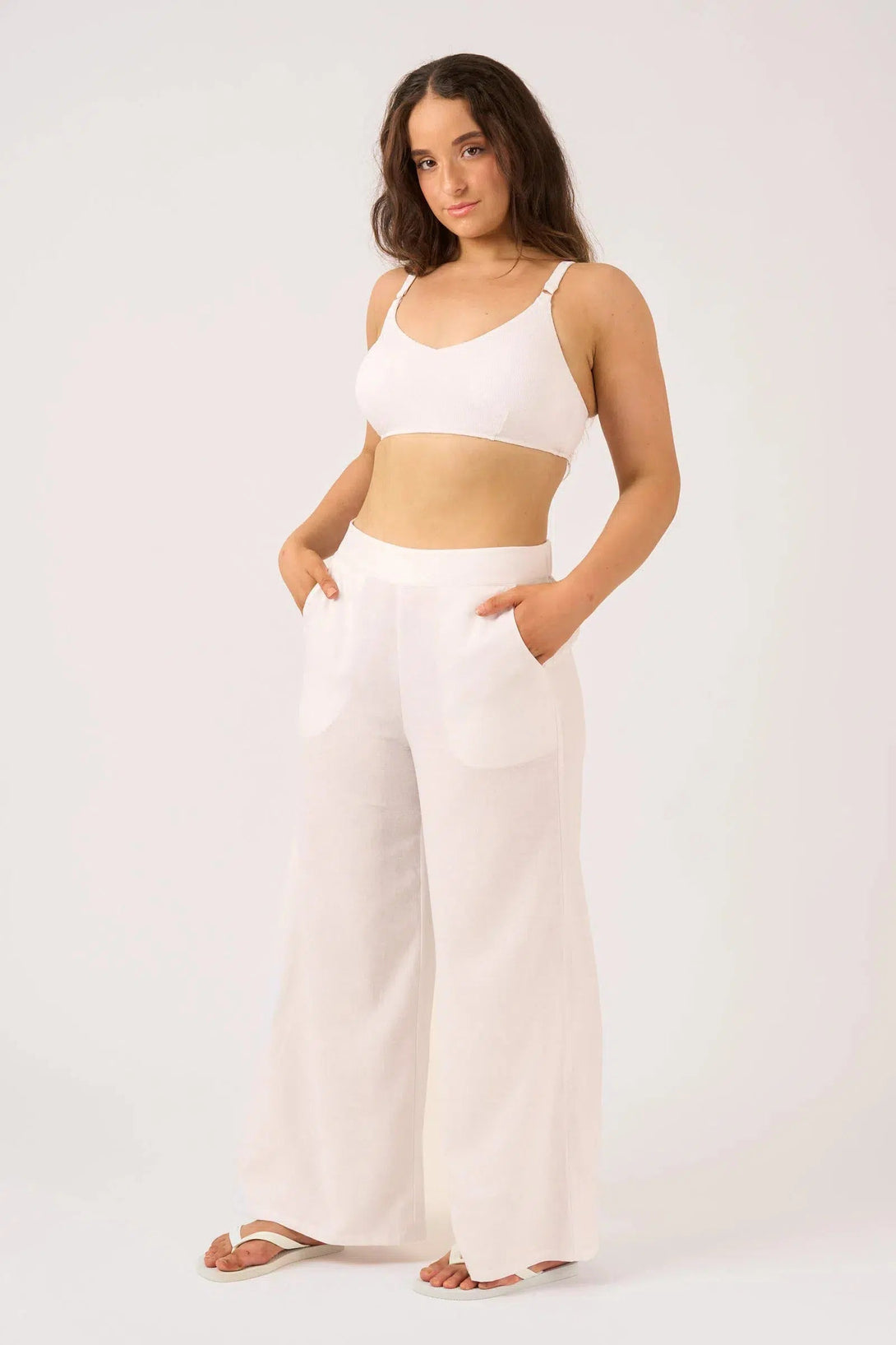 Linen Blend Wide Leg Pant With Pockets - White-Activewear-Exoticathletica